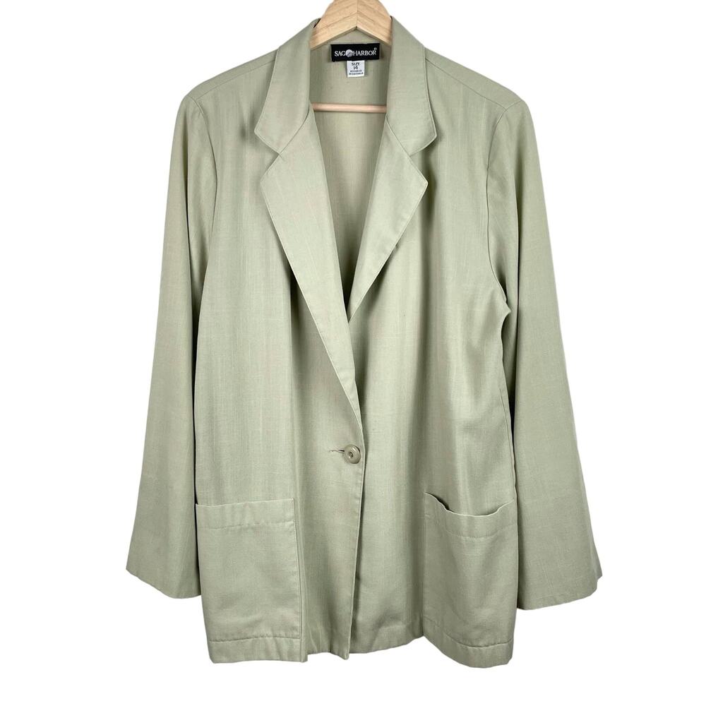 90s Sage Green Blazer Chore Jacket Longline Vintage Preppy Minimalist Size 14